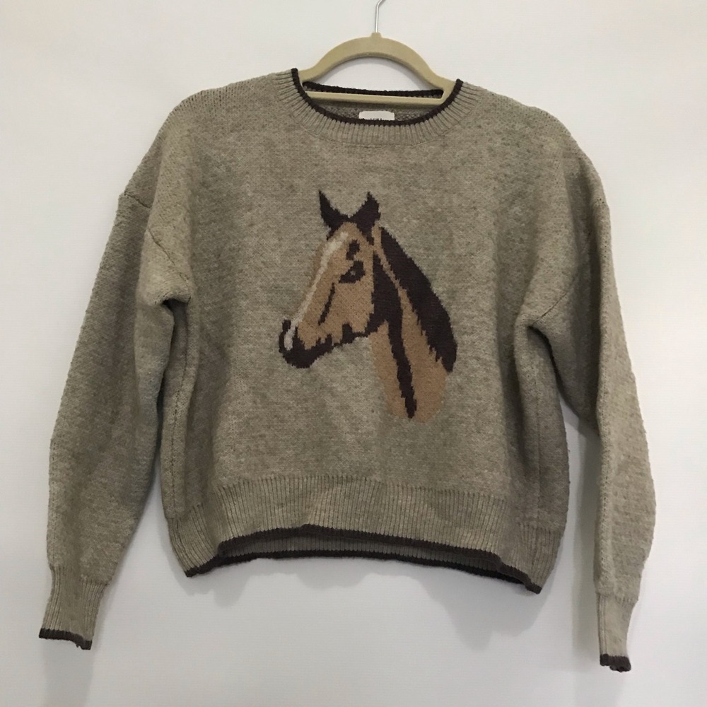Luna Ivy  Beige Horse Intarsia Crewneck Sweater Size S